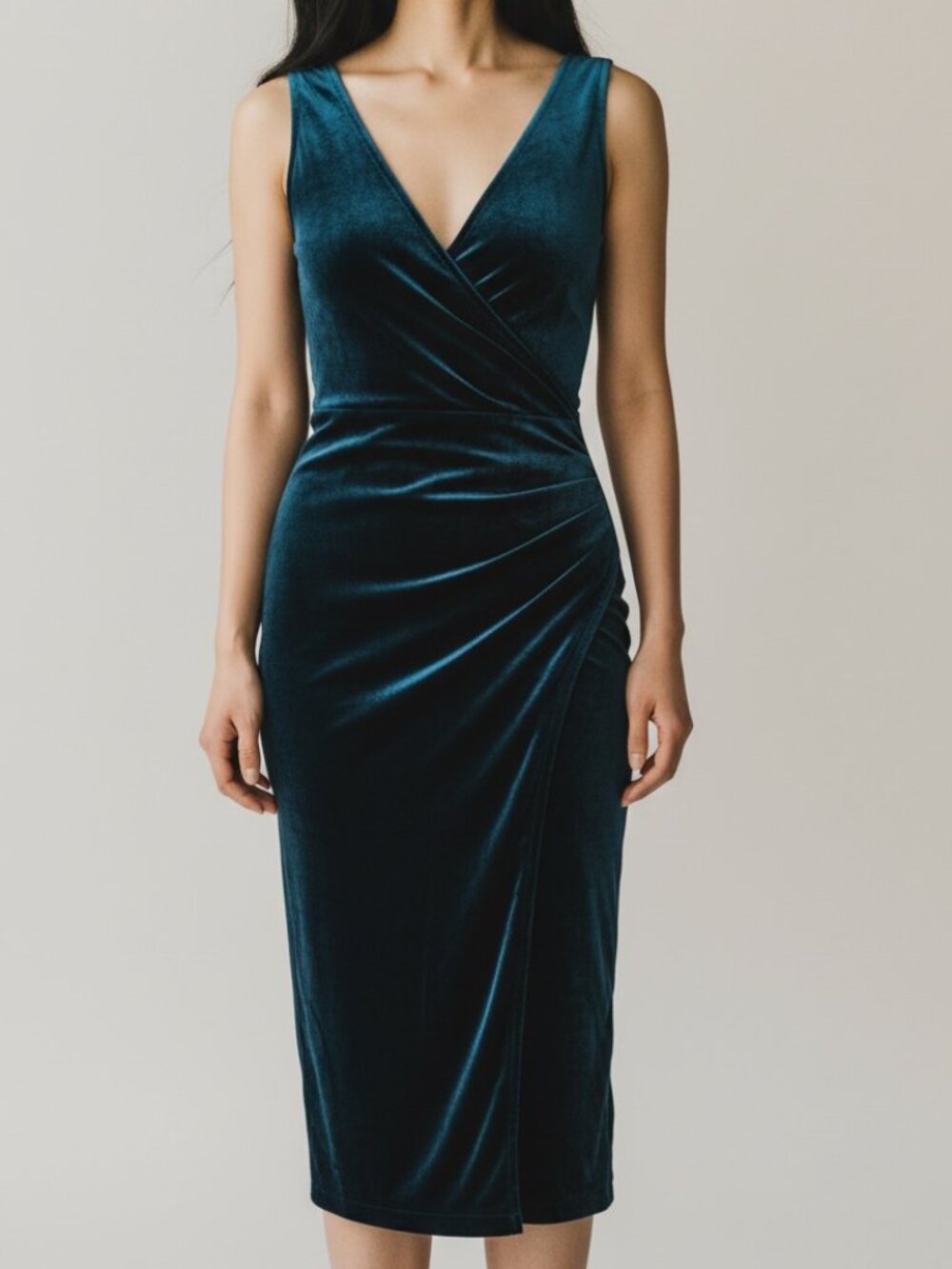 Rock Steady Velvet Pinup Wiggle Dress Size L Teal Blue Faux Wrap Retro